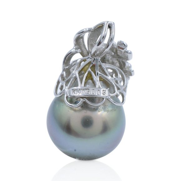 Black Tahitian Pearl & Diamond Floral Motif Pendant 18K White Gold 0.03cttw - Picture 4 of 5